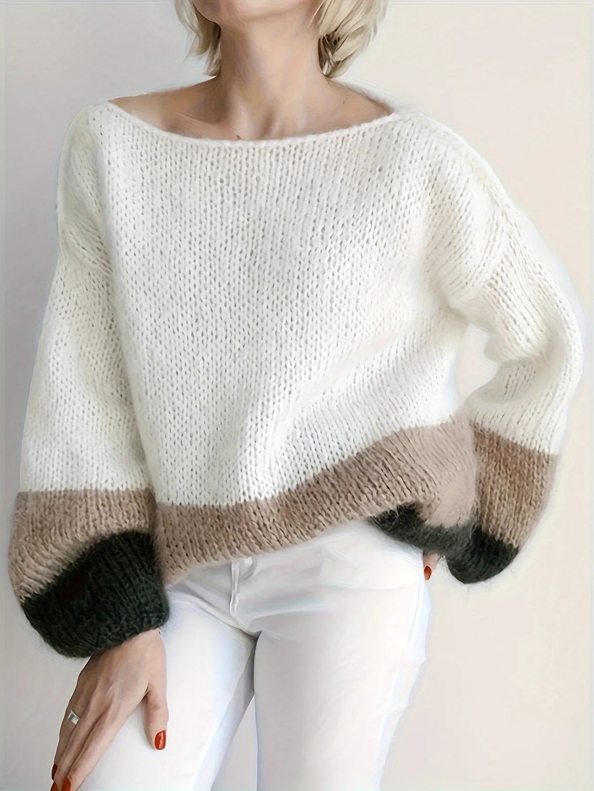 One‑Shoulder Color Block Knit Pullover Sweater