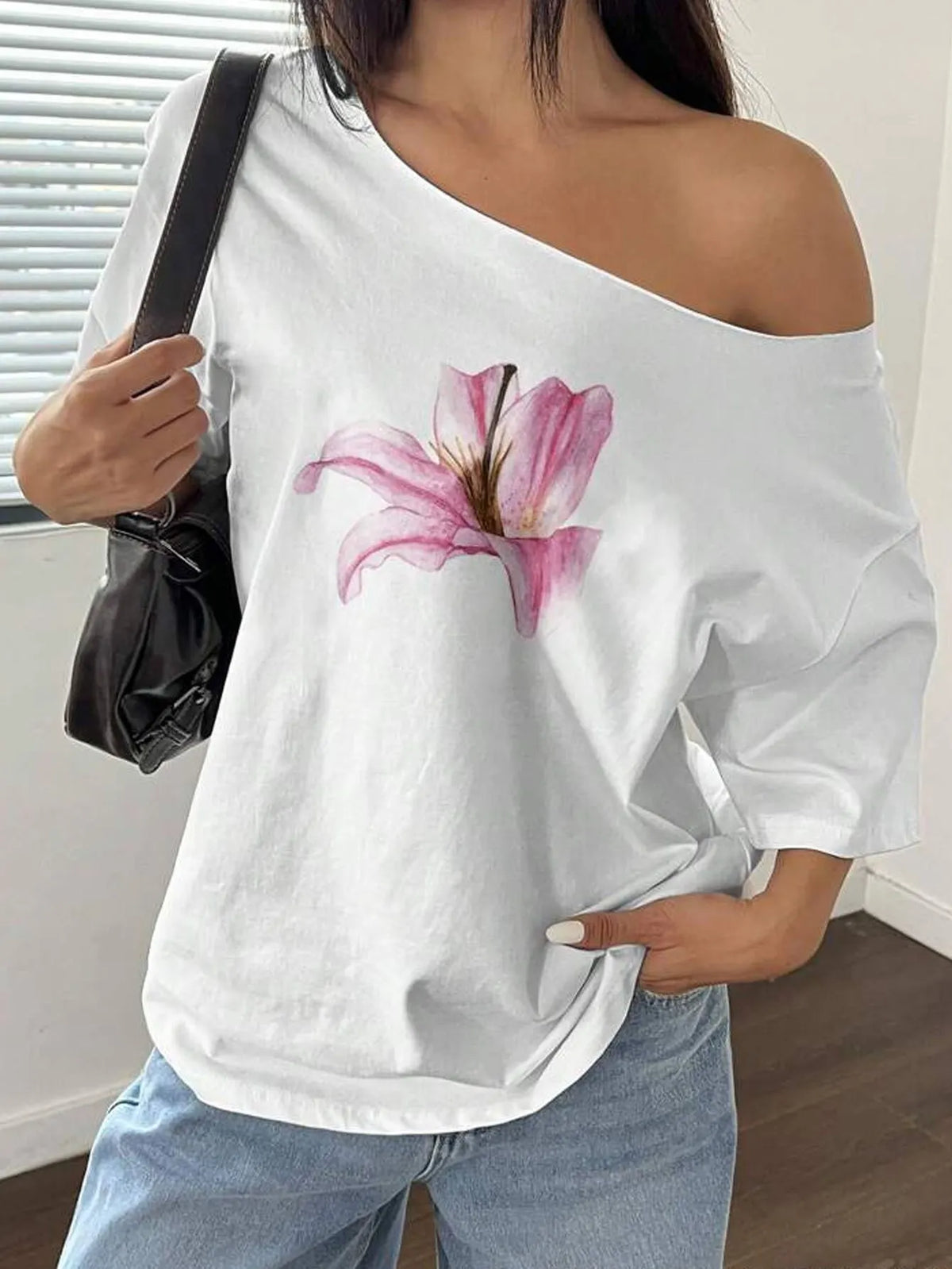 Floral Print Irregular Neck Loose Short Sleeve Casual Top