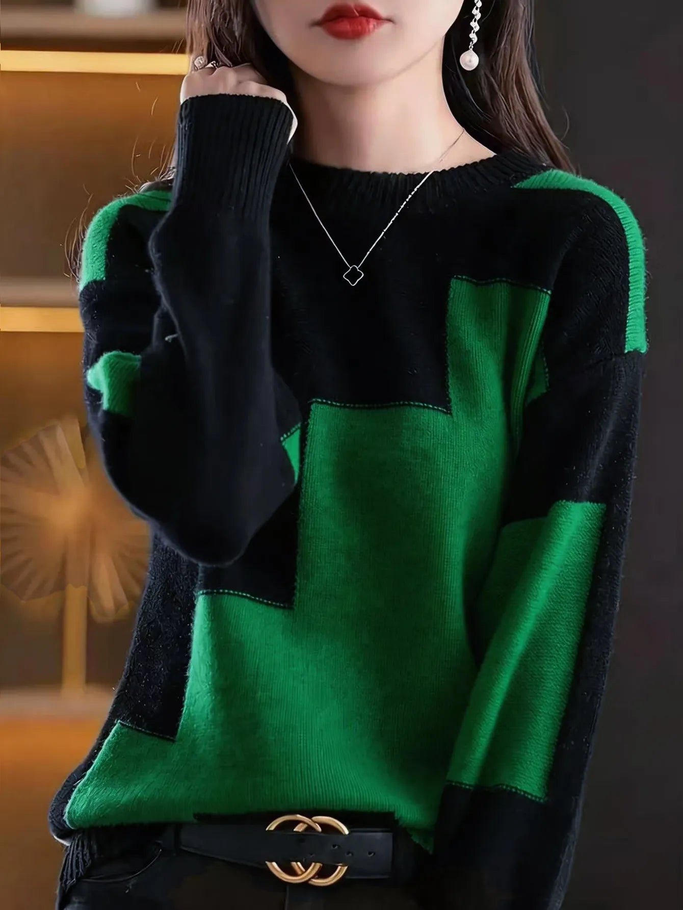Crew Neck Argyle Color Block Knit Sweater