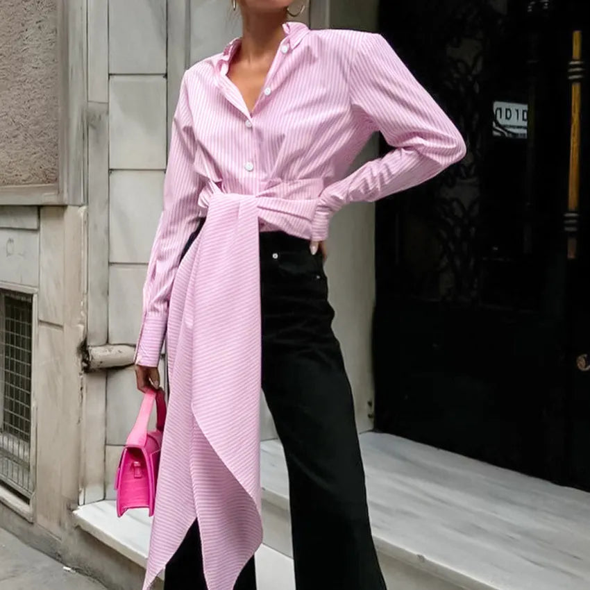 Womne's Striped Wrap Tie Waist Long Sleeve Shirt