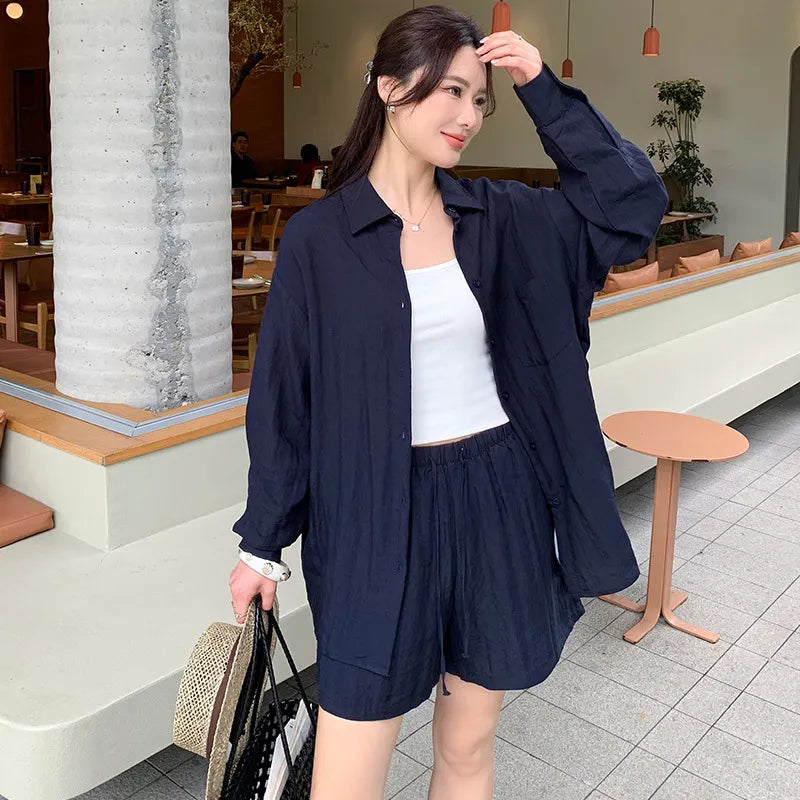 Oversized Long Sleeve Shirt Drawstring Shorts / Pants 2 Piece Casual Suit