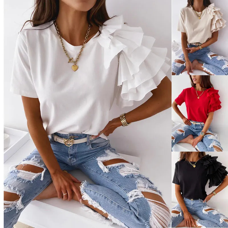 One Shoulder Ruffle Sleeve T-Shirt