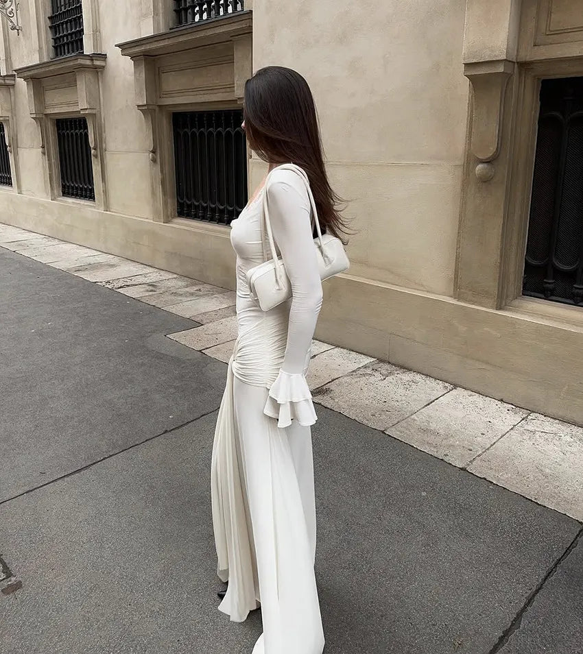 White Lace-Trimmed Flare Sleeve Ruched Maxi Dress