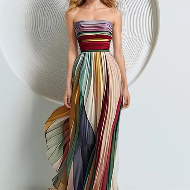 Color Block Strapless High Waist Pleated Maxi Dress