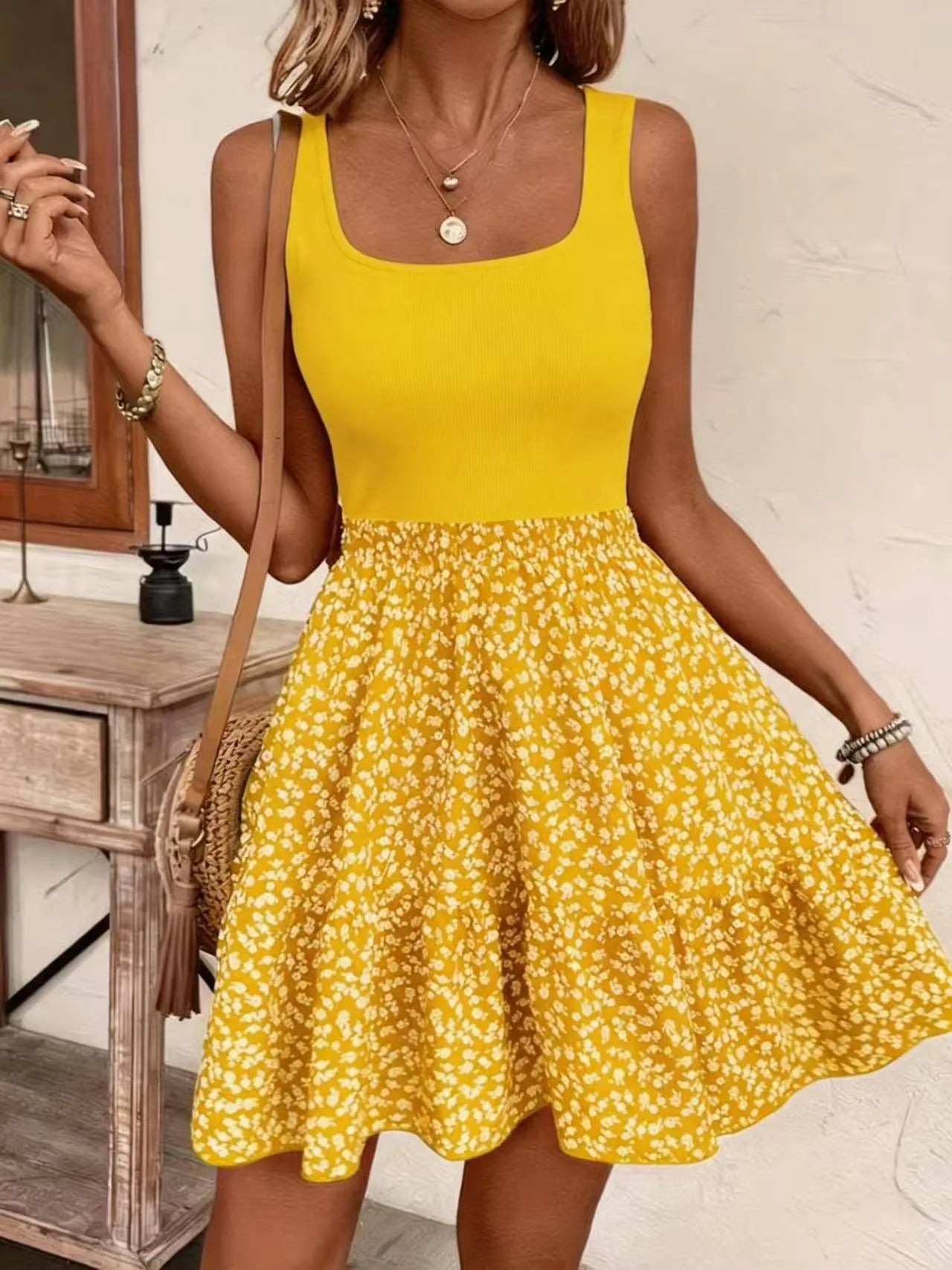 Square Neck Sleeveless Floral Spliced Slim-Fit Midi Dress
