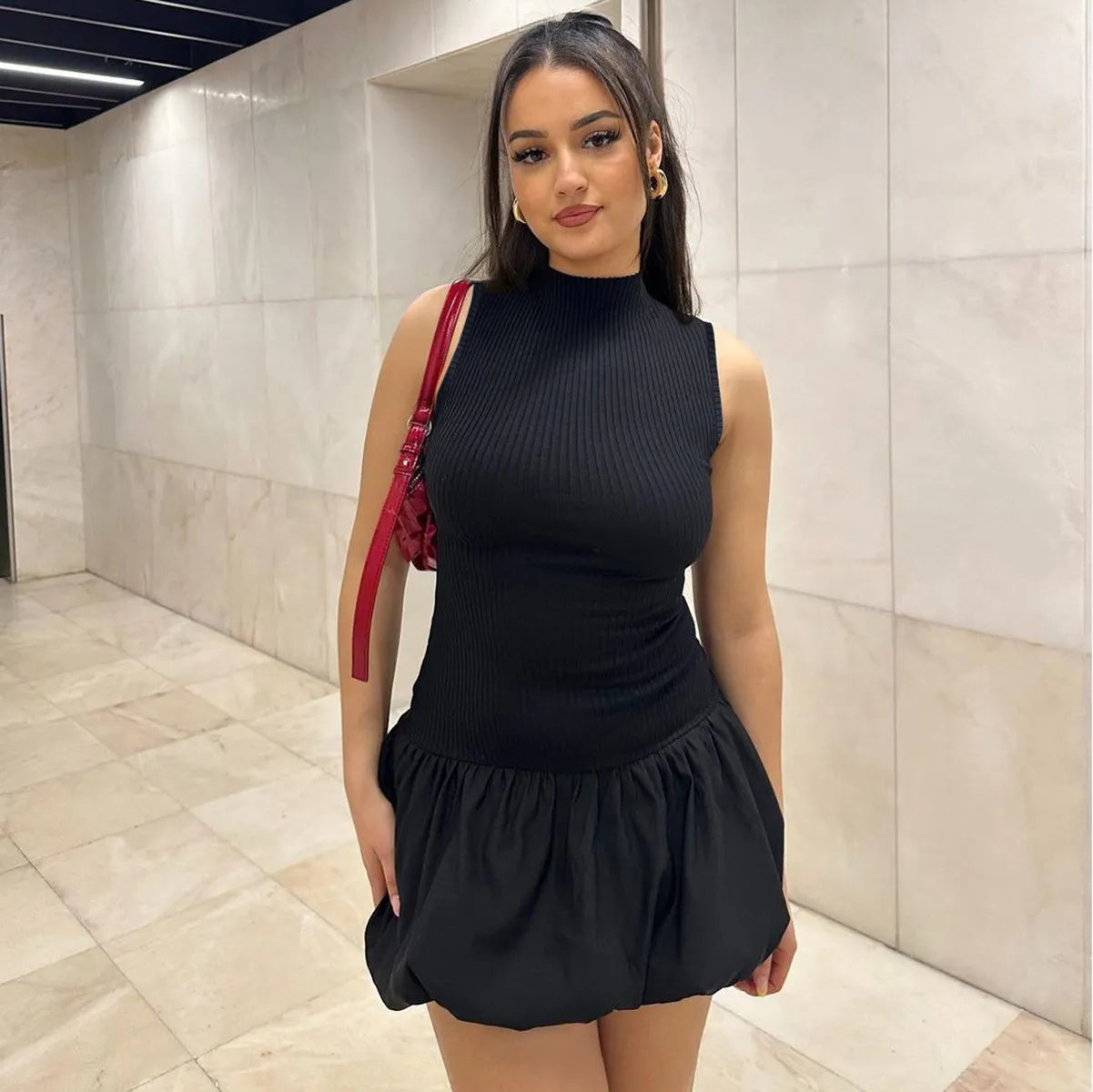 Ribbed Stand-Up Collar Bubble Hem Sleeveless Mini Dress