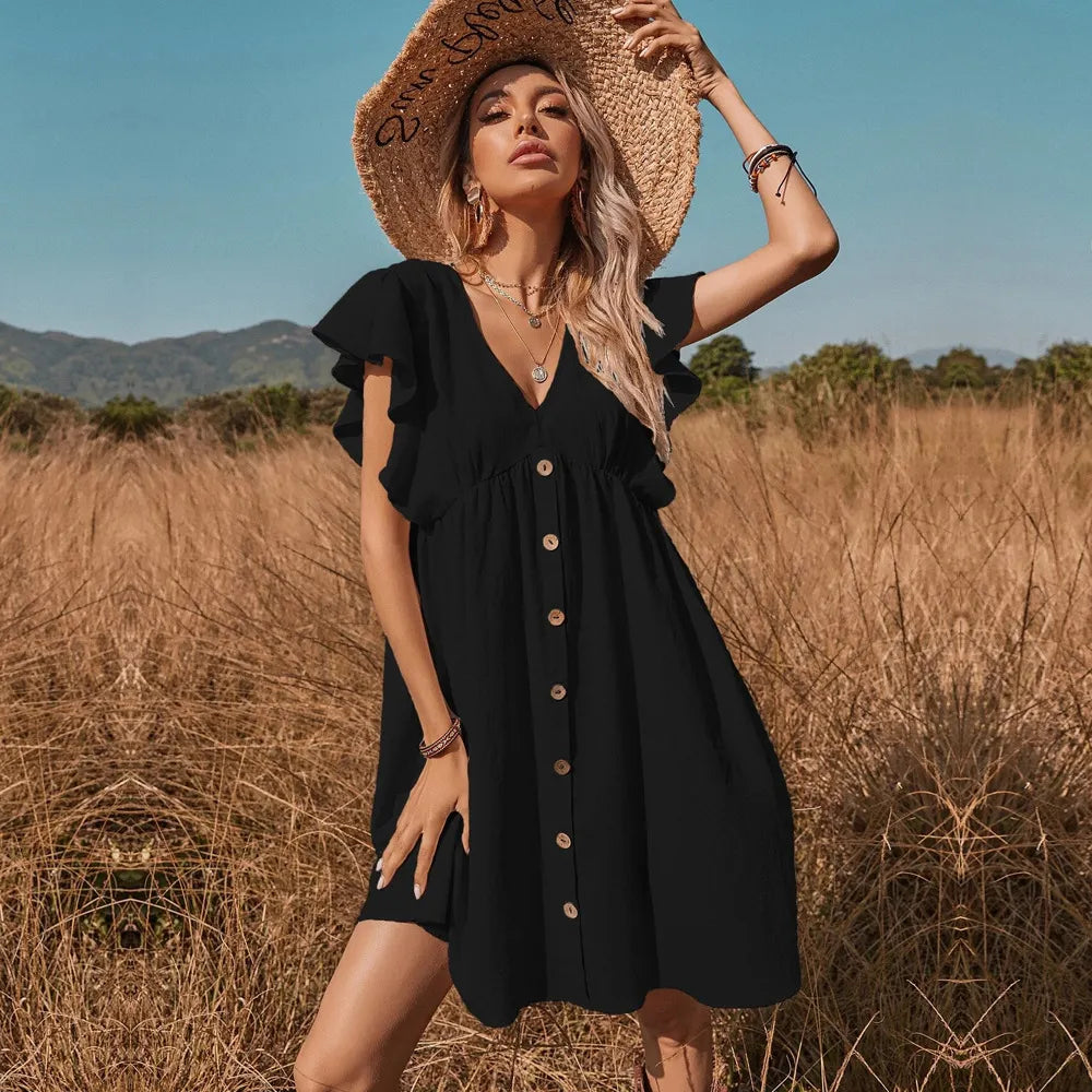 Boho Ruffle Short Sleeve V Neck Empire Waist Mini Dress Button Front Sundress