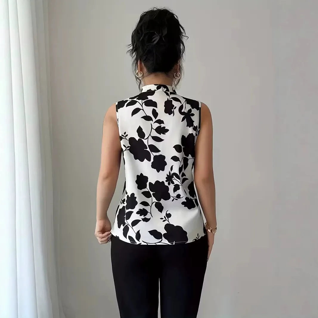 Stand Collar Sleeveless Black Floral Print Slim Pullover Commuter Blouse
