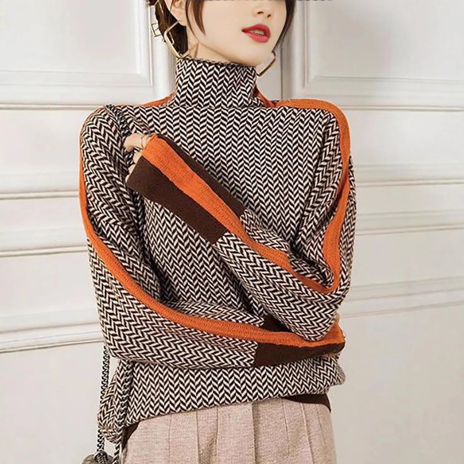 Herringbone Turtleneck Knit Sweater, Color Block Contrast Long Sleeve Slim Pullover