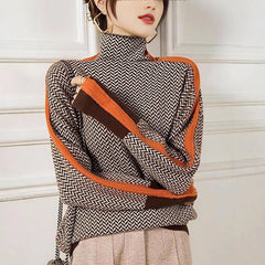 Herringbone Turtleneck Knit Sweater, Color Block Contrast Long Sleeve Slim Pullover