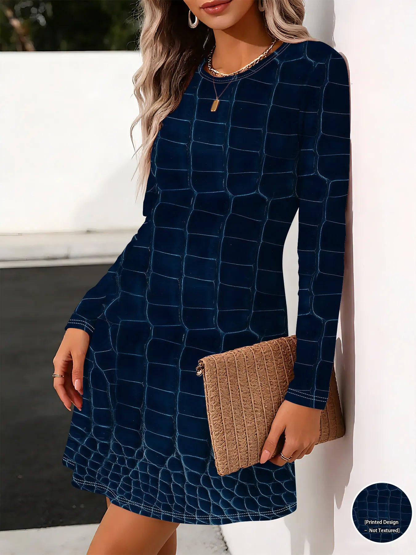 Holographic Star Print Round Neck Long Sleeve Midi Dress