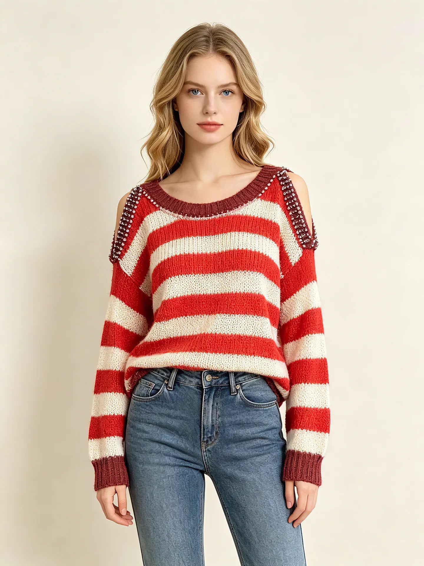 Striped Cold Shoulder Beaded Knit Pullover Sweater