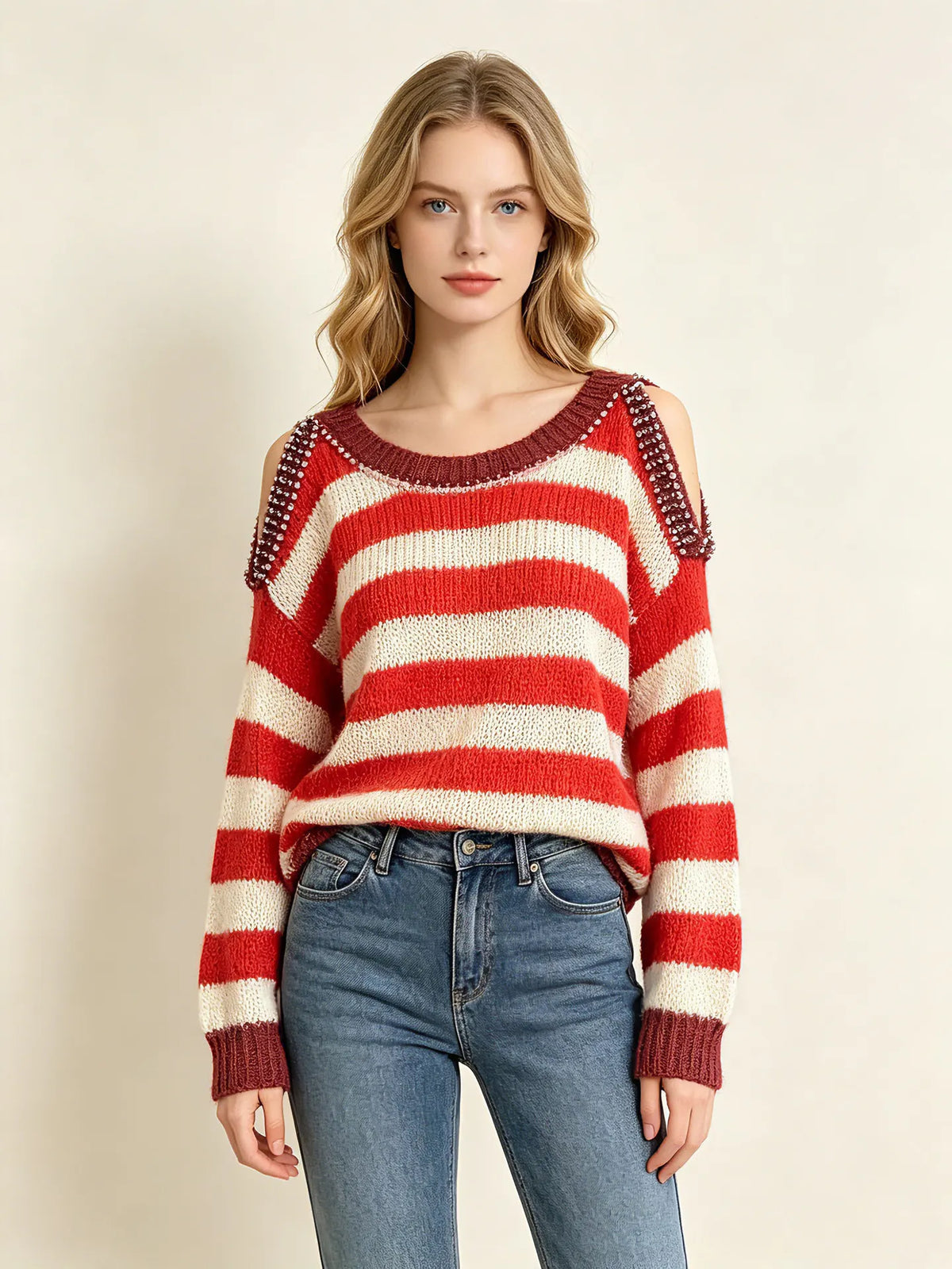 Striped Cold Shoulder Beaded Knit Pullover Sweater