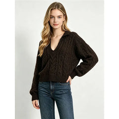 Cable Knit Polo V Neck Pullover Sweater