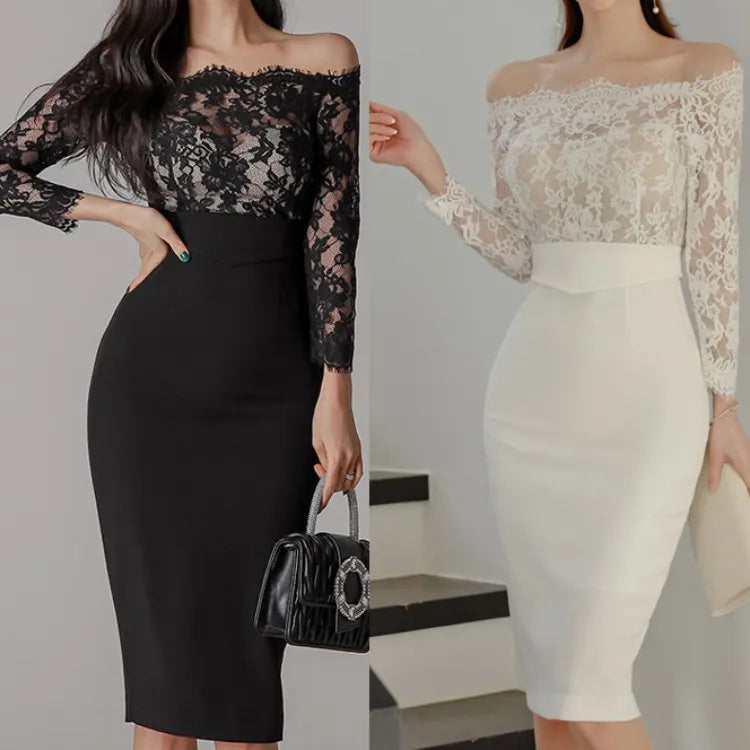 White Off-the-Shoulder Lace Midi Dress, Long Sleeve Bodycon Formal Cocktail Dress