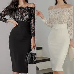White Off-the-Shoulder Lace Midi Dress, Long Sleeve Bodycon Formal Cocktail Dress