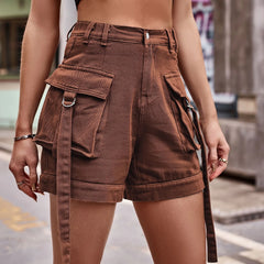 Mid Waist Washed Denim Loose Cargo Street Shorts