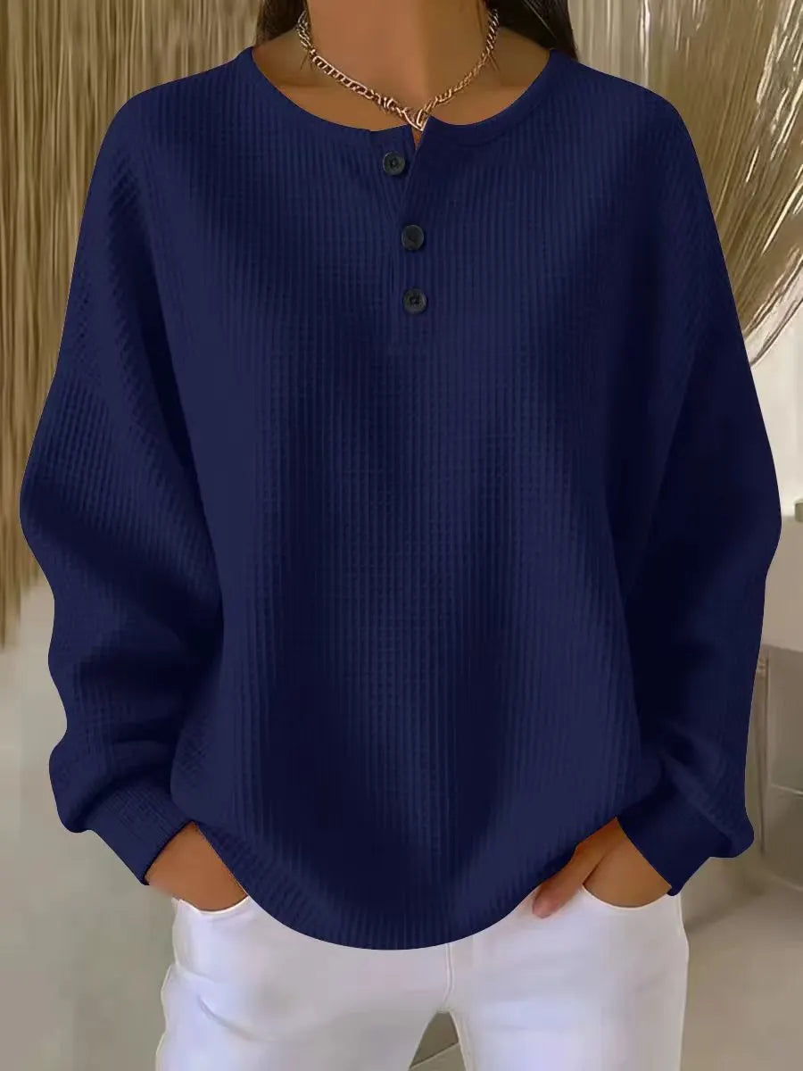 Casual Oversized Waffle Knit Top, Henley Button Neck Long Sleeve Tee