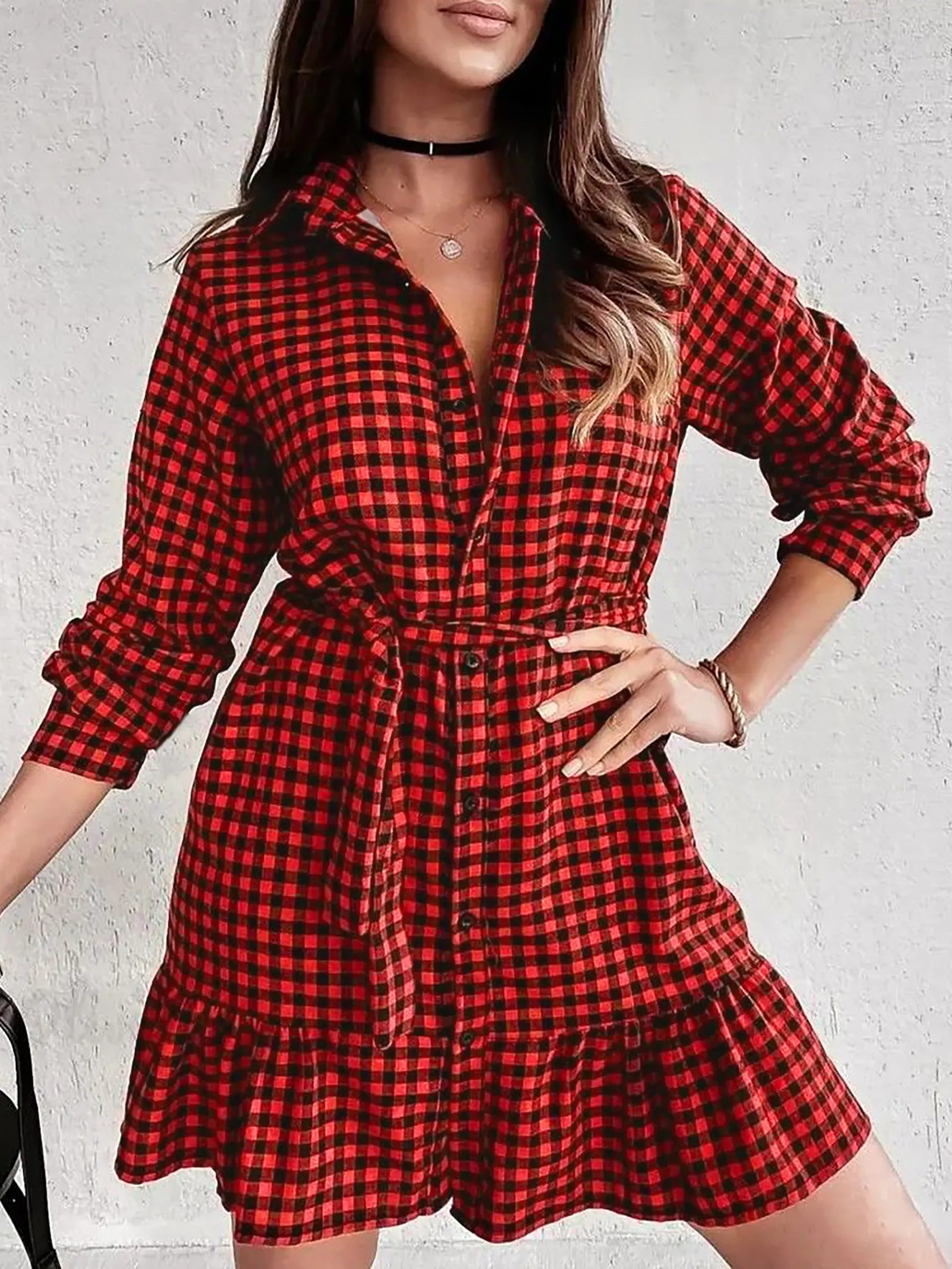 Plus Size Red Plaid Ruffle Hem Shirt Dress