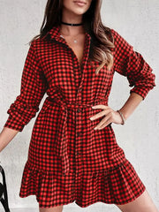 Plus Size Red Plaid Ruffle Hem Shirt Dress