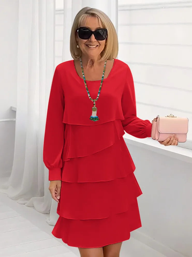 Solid Color Tiered Ruffle Long Sleeve Midi Dress