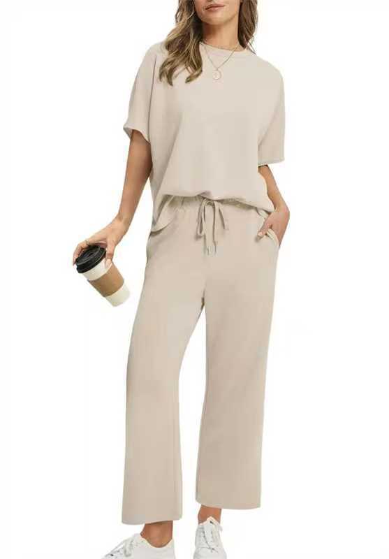 Solid Crew Neck Short Sleeve Top & Elastic Waist Wide Leg Pants