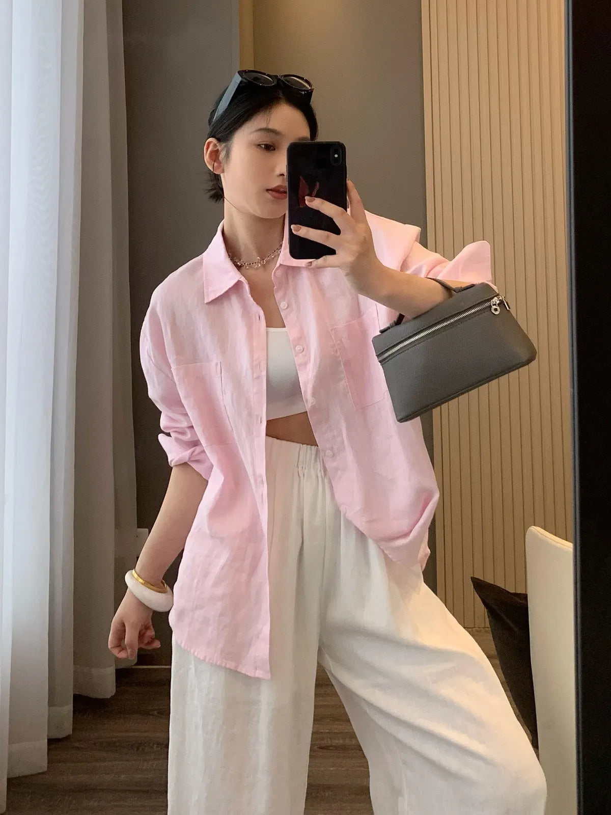 Solid Linen Oversized Collar Long Sleeve Pocket Shirt