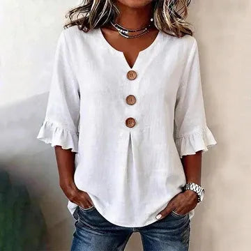 Round Neck Floral Printed Single Breasted 3/4 Ruffle Sleeve Loose Blouse