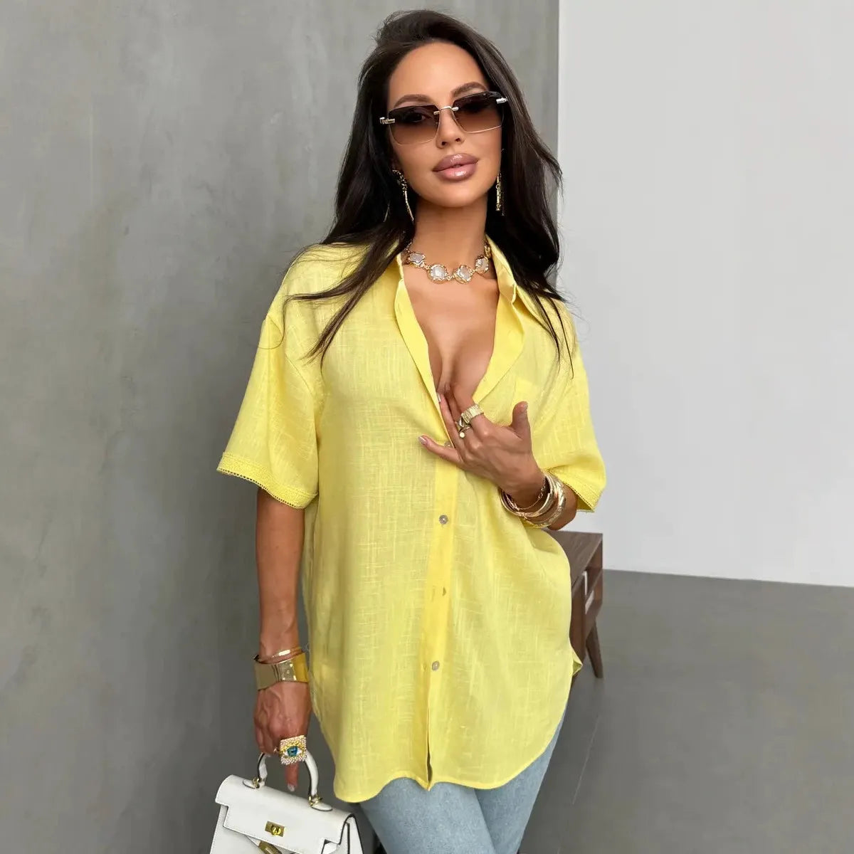 Solid Lapel Short Sleeve Back Hollow Lace Cutout Button Down Shirt