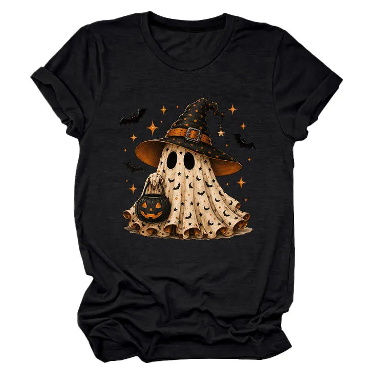 Halloween Ghost Witch Bat Print Crew Neck Short Sleeve T‑Shirt