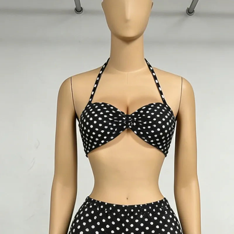 Polka Dot Halter Cutout Crop Top & Capri Pants Two Piece Set