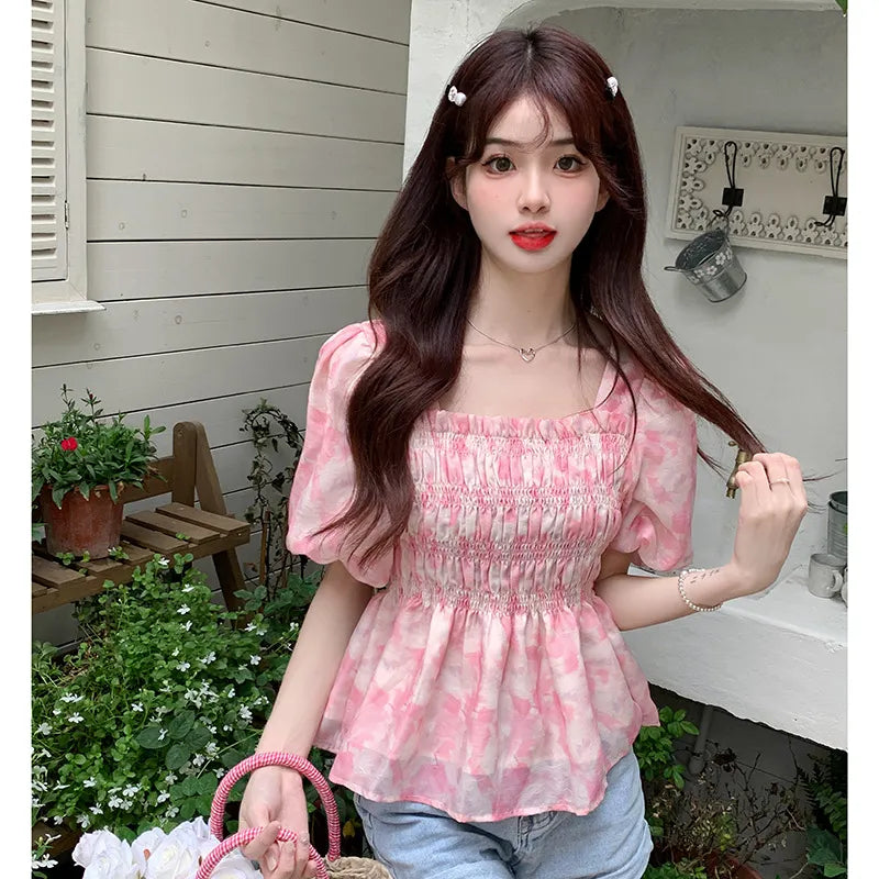Tie-Dye Square Neck Puff Short Sleeve Peplum Top