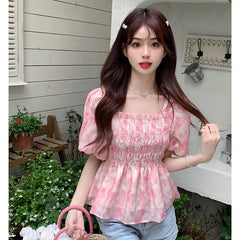 Tie-Dye Square Neck Puff Short Sleeve Peplum Top