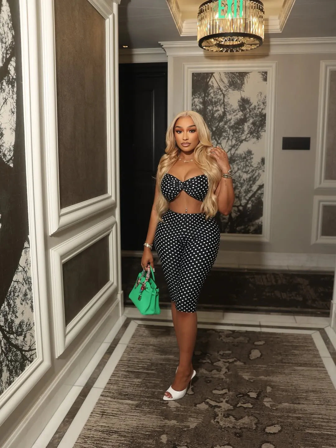 Polka Dot Halter Cutout Crop Top & Capri Pants Two Piece Set