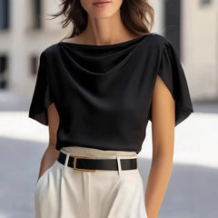 Solid Draped Neck Short Sleeve Casual Top