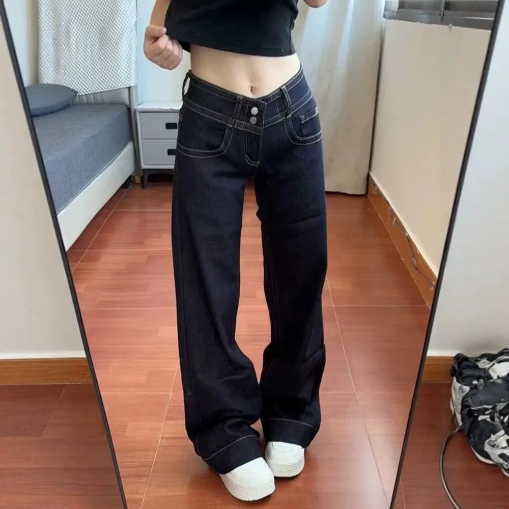 Double Button Low Rise Wide Leg Denim Jeans