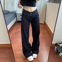 Double Button Low Rise Wide Leg Denim Jeans