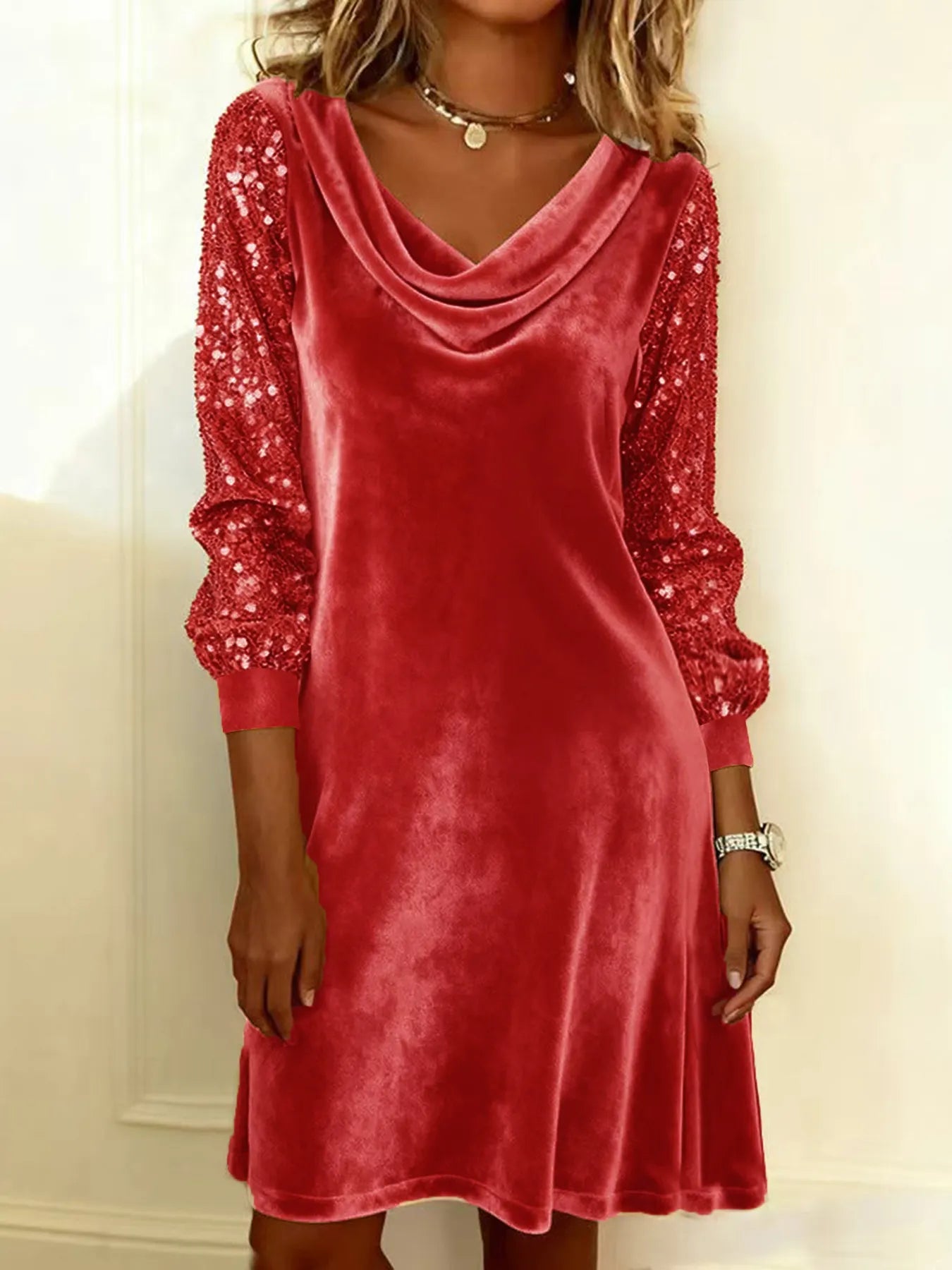 Golden Velvet Sequined-Sleeve Shift Dress