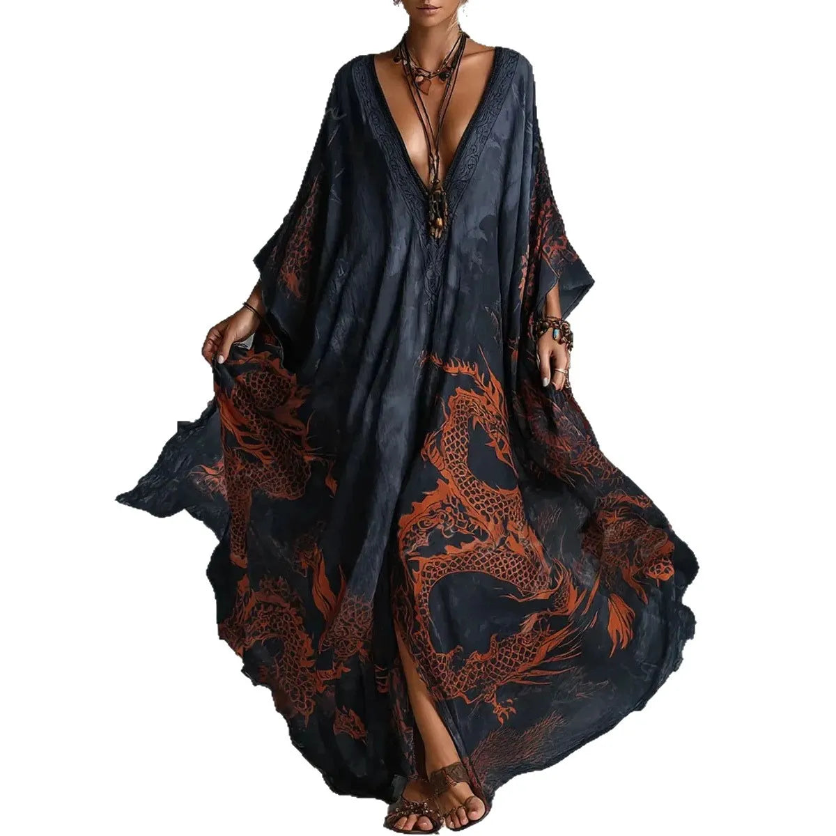 Navy Dragon Print Deep V Neck Bat Sleeve Loose Long Dress