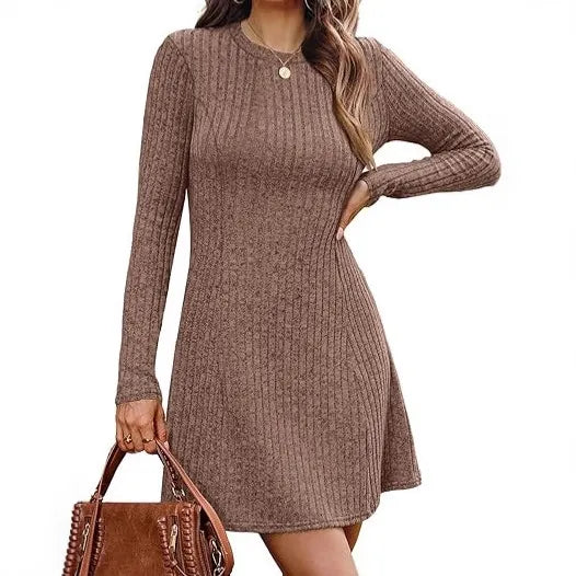 Ribbed Knit Round Neck Long Sleeve Slim A-Line Midi Dress