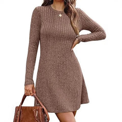 Ribbed Knit Round Neck Long Sleeve Slim A-Line Midi Dress