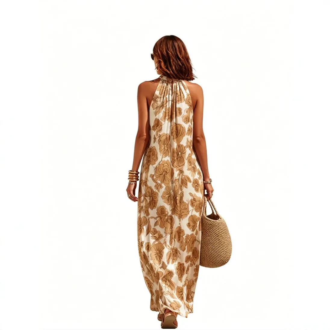 Halter Neck All Over Floral Print Loose Mid Waist Maxi Vacation Dress