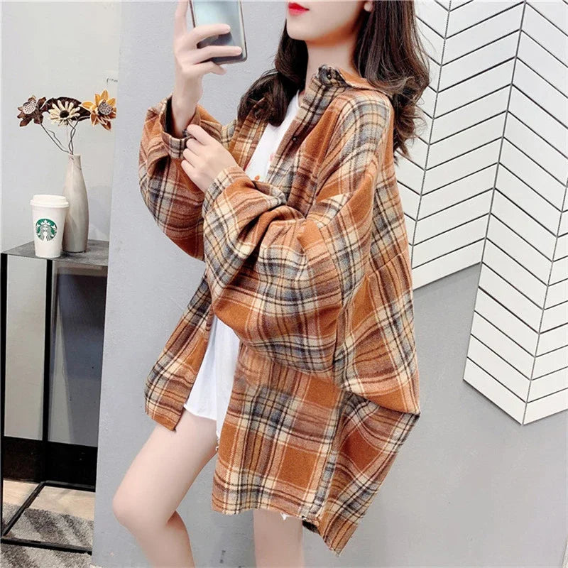 Fall Oversized Brown Black Plaid Shirt, Long Length Button Front Loose Fit Blouse