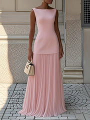 Solid Boat-Neck Top & Pleated Maxi Skirt Two-Piece Set
