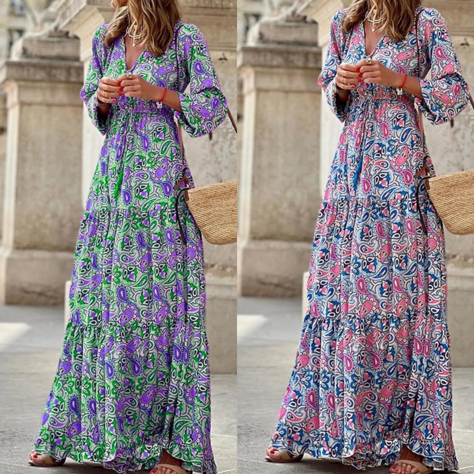 Paisley Print V-Neck Long Sleeve Drawstring Waist Maxi Dress