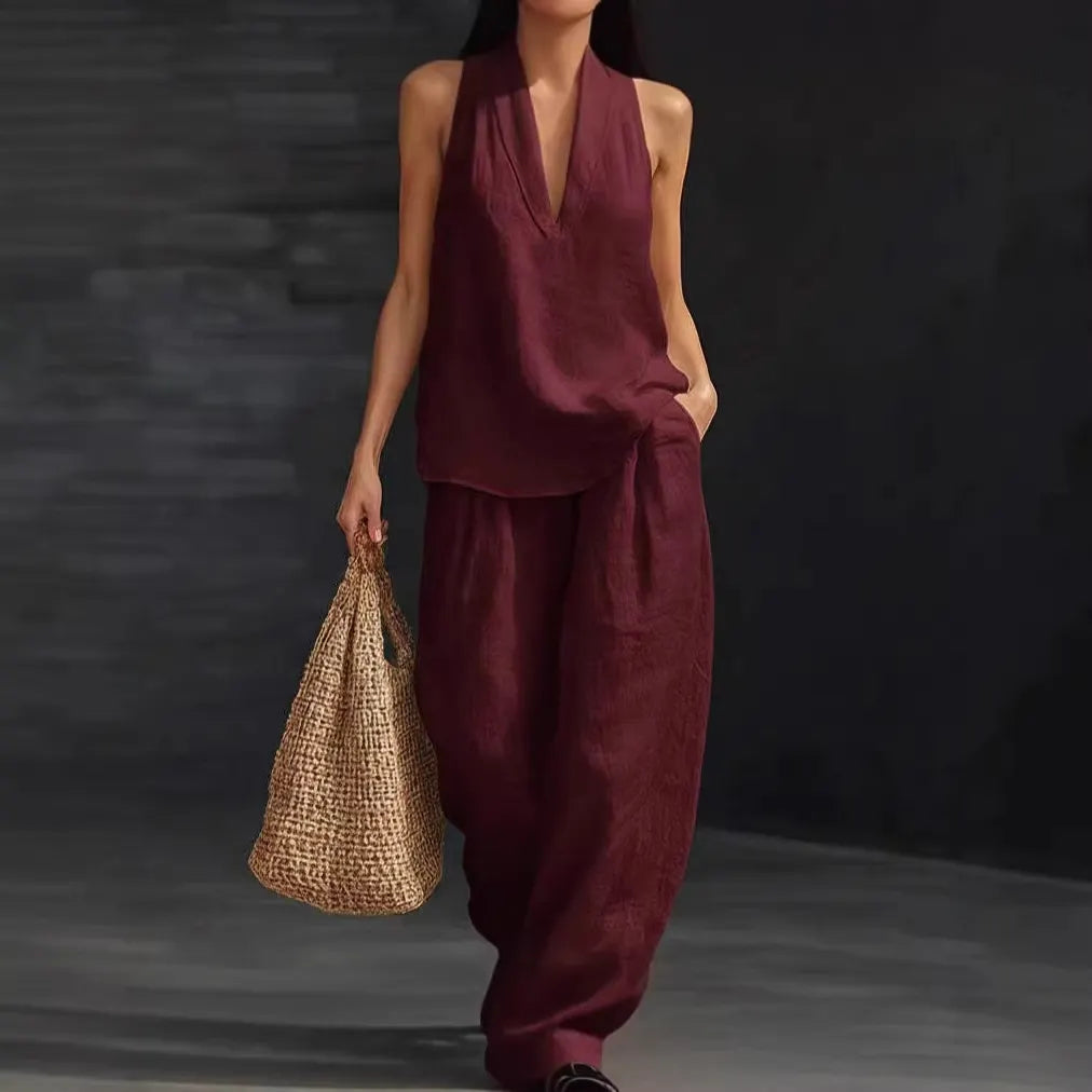 Halter Sleeveless Top & Wide Leg Pants Two Piece Casual Set
