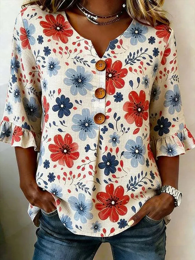 Round Neck Floral Printed Single Breasted 3/4 Ruffle Sleeve Loose Blouse