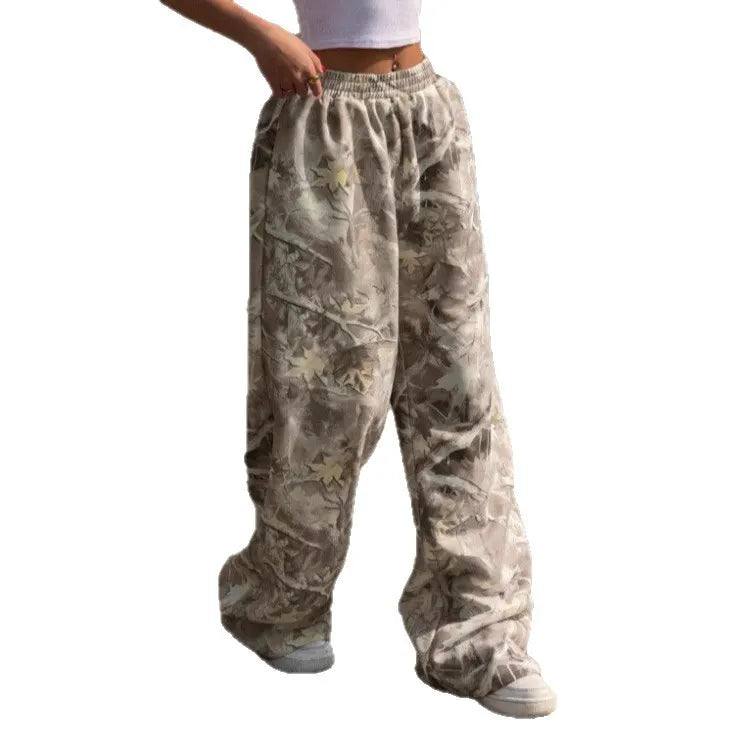 Camo Maple Leaf Print Wide Leg Pants Elastic Waist Loose Casual Trousers