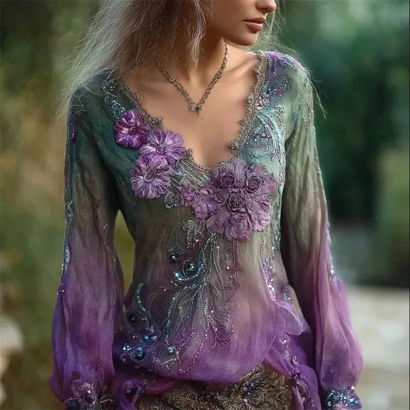 3D Digital Print V-Neck Lantern Long Sleeve Retro Casual Blouse