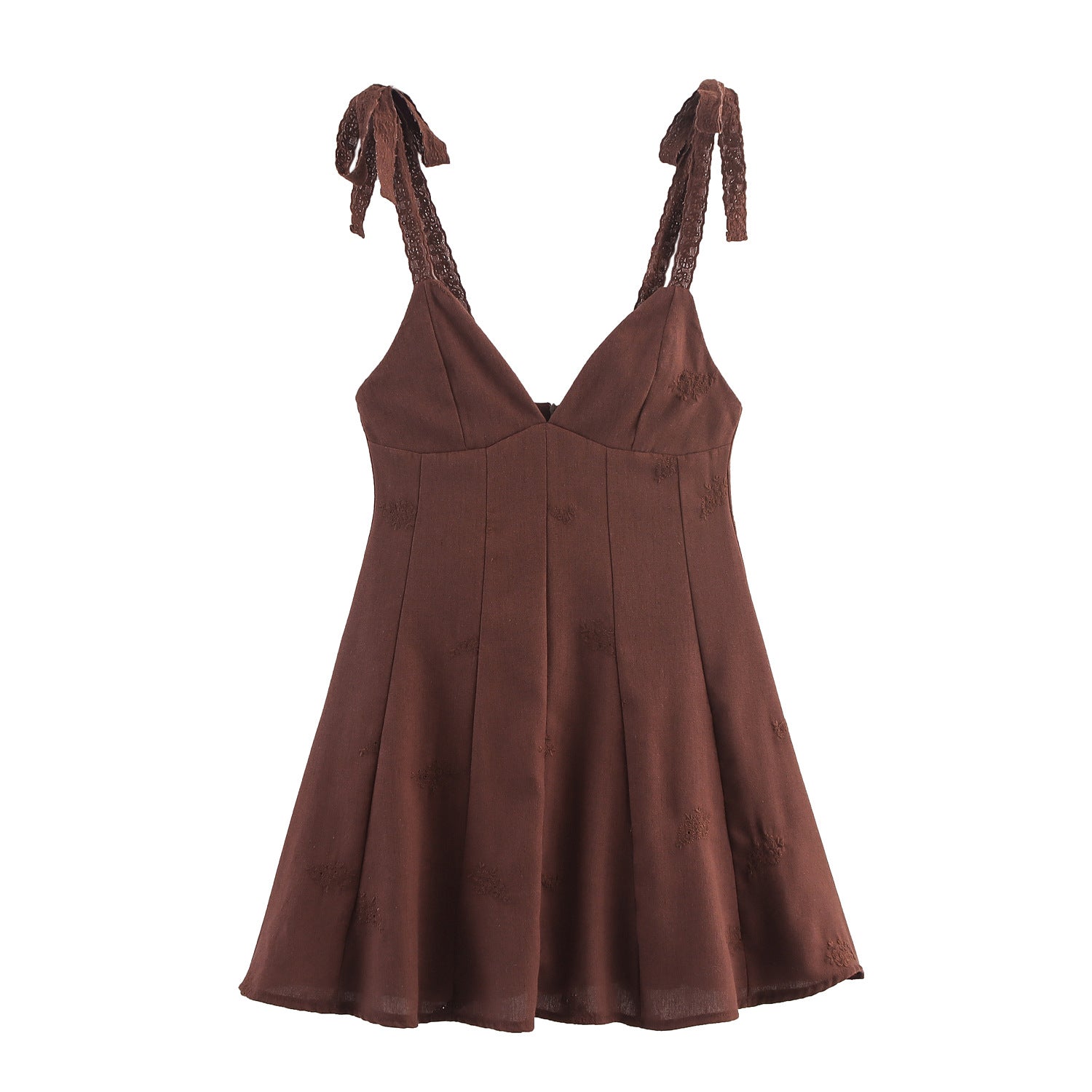 Dark Brown Embroidered Tie-Strap A-Line Mini Dress